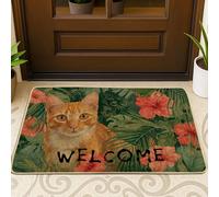 Felpudo de bienvenida con diseño de gato naranja, decoración floral para interiores y exteriores, antideslizante, absorbente, para uso doméstico en primavera, fácil de limpiar, 73 x 43 cm