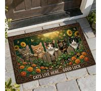Felpudo de bienvenida con diseño de gatos, diseño de flores, color verde, lavable, perfil bajo, para casa, oficina, exterior, interior, entrada, decoración, 73 x 43 cm