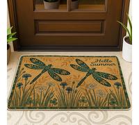 Felpudo de bienvenida con diseño de libélula, flor de verano, verde, lavable, perfil bajo, decoración de entrada para porche delantero, baño, oficina, 29 x 17 pulgadas