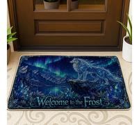 Felpudo de bienvenida con diseño de lobo, montañas místicas y luces del norte, invierno, azul, de goma, antideslizante, para decoración al aire libre, puerta delantera, entrada, patio, 73 x 43 cm