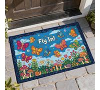 Felpudo de bienvenida con diseño de mariposa, flores coloridas, hongos, primavera, azul, antideslizante, atrapasuciedad, para el hogar, interior, exterior, entrada, porche, decoración de 73 x 43 cm
