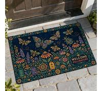 Felpudo de bienvenida con diseño de mariposas, flores y abejas y primavera, color azul marino, antideslizante, decoración del hogar para entrada, porche al aire libre, balcón, 29 x 17 pulgadas