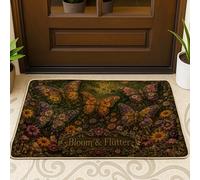 Felpudo de bienvenida con diseño de mariposas, flores y hongos primaverales, color verde, antideslizante, atrapasuciedad, decoración del hogar para entrada, porche al aire libre, balcón, 73 x 43 cm