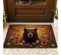 Felpudo de bienvenida con diseño de oso, flores rústicas y mariposas, verano, marrón, lavable, de perfil bajo, para decoración del hogar, entrada, porche al aire libre, balcón, 29 x 17 pulgadas