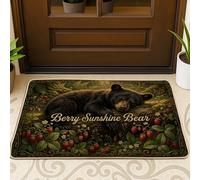Felpudo de bienvenida con diseño de oso, hojas de fresas rústicas, color verde verano, lavable, de perfil bajo, decoración de entrada para porche delantero, baño, oficina, 29 x 17 pulgadas