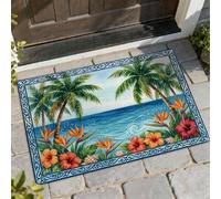 Felpudo de bienvenida con diseño de palmeras tropicales, playa, océano, pájaro del paraíso, verano, azul, lavable, perfil bajo, decoración del hogar, para entrada, porche al aire libre, balcón, 29 x