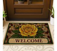 Felpudo de bienvenida con diseño de rosas, diseño tradicional de hojas de vidrieras N/A, amarillo, antideslizante, atrapasuciedad, decoración al aire libre para puerta delantera, entrada, patio, 73 x