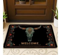 Felpudo de bienvenida con diseño floral rústico, tapete de entrada de calavera de toro negro para decoración de interiores y exteriores, tapetes de goma antideslizantes para atrapar el polvo, fácil de