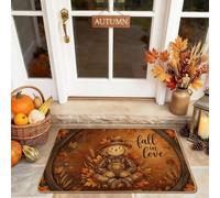 Felpudo de bienvenida con espantapájaros, hojas rústicas tradicionales, calabazas, otoño, marrón, goma, antideslizante, para casa, oficina, exterior, interior, entrada, decoración, 29 x 17 pulgadas