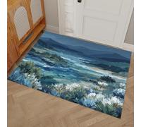 Felpudo de Bienvenida con Montañas Campos Junto Lago, 90x150cm Felpudo Entrada Casa Pintura Abstracta Paisaje Antideslizante Lavable Alfombra Pasillo de Perfil Bajo para debajo de la puerta, Azul