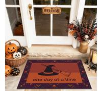 Felpudo de bienvenida con sombrero de bruja, texto de escoba festiva, Halloween, naranja, lavable, de perfil bajo, para casa, oficina, exterior, interior, entrada, decoración, 73 x 43 cm