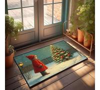 Felpudo de bienvenida con texto en inglés "Fall A Child In A Red Coat Admires A Snow-Covered Christmas Tree" para exteriores, decoración de otoño (50 x 80 cm)