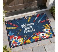 Felpudo de bienvenida con texto en inglés «Welcome Welcome Friends» para volver al campus, color azul marino, antideslizante, decoración de entrada para porche delantero, baño, oficina, 29 x 17