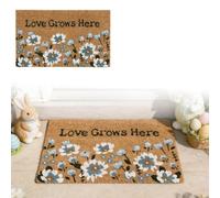 Felpudo de bienvenida de primavera, Love Grows Here, tapete de entrada con diseño floral azul y blanco, alfombra de Pascua para decoración de porche interior y exterior (50 x 80 cm)