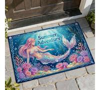 Felpudo de bienvenida de sirena, para verano, con algas corales subacuáticas, color azul de verano, lavable, perfil bajo, decoración al aire última intervensión, para puerta delantera, entrada, patio