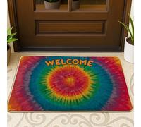 Felpudo de bienvenida de teñido anudado, colorido tapete redondo para decoración de vacaciones en interiores y exteriores, tapete de goma antideslizante resistente al polvo, fácil de limpiar, 73 x 43