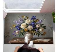 Felpudo De Bienvenida Lavable Con Pintura Óleo Antigua Sobre Plantas, Alfombra De Antideslizante Absorbente Jarrón Rústico Antiguo, Gris Carbón Felpudo Entrada Para Baño Porche Interior, 90X150Cm