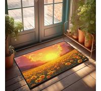 Felpudo de bienvenida liso con diseño de puesta de sol sobre un campo de flores amarillas, accesorios de decoración para niños (50 x 80 cm)