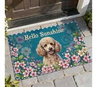 Felpudo de bienvenida para perro, diseño de flores de primavera y mariposas, color verde azulado, lavable, de perfil bajo, para casa, oficina, exterior, interior, entrada, decoración, 73 x 43 cm