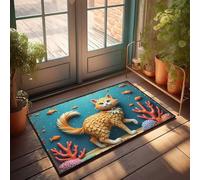 Felpudo de bienvenida para puerta de otoño, aventura subacuática: un cuento de gatos con coral y peces, tapete de bienvenida para entrada exterior (40 x 60 cm)