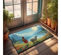 Felpudo de bienvenida para puerta delantera, diseño de niña y oveja junto al lago bajo una luna llena, decoración de caravana para interiores y entrada (50 x 80 cm)