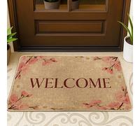 Felpudo de bienvenida para puerta, flores florales de primavera, ramas de primavera, melocotón, lavable, de perfil bajo, para el suelo, para el hogar, interior, exterior, entrada, porche, decoración