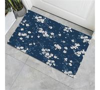 Felpudo de Entrada 45 x 75 cm, Felpudo Entrada Lavable en Lavadora Felpudos Flores al estilo japonés Flores de cerezo blancas con Base Antideslizante de TPR Alfombra con Microfibras Suaves Azul oscuro