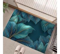 Felpudo de Entrada 45 x 75 cm, Felpudo Entrada Lavable en Lavadora Felpudos Plantas de lujo Hojas con hilos dorados con Base Antideslizante de TPR Alfombra con Microfibras Suaves Azul verdoso