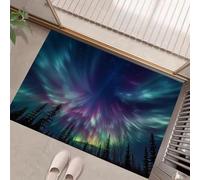 Felpudo de entrada alfombra plegable delgada lavable Paisajes de ensueño estampado Auroras boreales, cielo nocturno, pinos antideslizante cocina baño sala de estar dormitorio 40 x 60 cm Morado-Verde