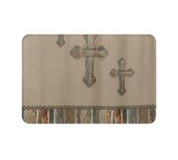 Felpudo de entrada con diseño de cruces occidentales, madera de granero y conchos, resistente y duradero, para exteriores e interiores, franela brillante y decorativa para mesita de noche y sala de