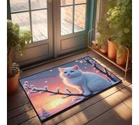 Felpudo de entrada para interiores y adolescentes, diseño de gato blanco en rama nevada al atardecer (65 x 90 cm)