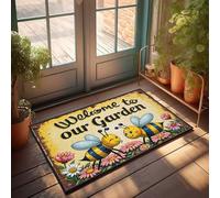 Felpudo de entrada para interiores y exteriores, con texto en inglés «Welcome To Our Garden: A Joyful Bee Gathering», para puerta delantera, alfombra de bienvenida para otoño (65 x 90 cm)