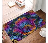 Felpudo de estilo bohemio con diseño de mano de Hamsa y ojo malvado, con diseño de cultura judía. Felpudo de bienvenida antideslizante para exteriores, entrada interior y exterior, perfil bajo (61 x