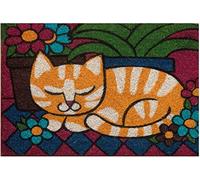 Felpudo de exterior hecho de coco con base de PVC pintado a mano con representación de gato naranja, 60 x 40 x 2 cm fácil de limpiar y muy resistente