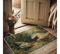Felpudo de fantasía con gnomos y caballos mágicos, tapete colorido de escena de la naturaleza para decoración del hogar y el jardín, tapete de entrada impermeable, antideslizante, fácil cuidado, tema