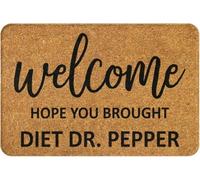 Felpudo de fibra de coco con texto en inglés "Welcome Hope You Brought Diet | Tapete antideslizante de fibra de coco natural para exteriores, 3 tamaños, tapete para decoración de porche y abanico de