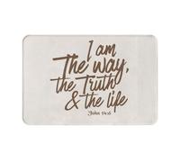 Felpudo de franela suave con texto "Yo soy el camino, la verdad y la vida" de Juan 14:6: "Este felpudo es versátil, antideslizante y duradero, ideal para entradas interiores, lavanderías, oficinas y