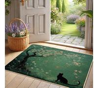 Felpudo de gato con flores de cerezo de primavera, tapete floral verde para entrada al aire libre e interior, decoración de la naturaleza, goma impermeable, antideslizante, absorbe el polvo, fácil de