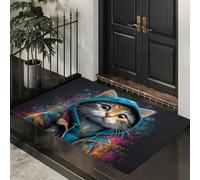 Felpudo De Gato Salpicado De Tinta Estilo Grafiti Callejero Para Puerta De Entrada,Alfombrillas Antideslizante Lavable,Alfombra Interior De Bienvenida Azul Anaranjado Para Cocina Balcón,50X80Cm