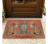 Felpudo de guepardo, tradicional y elegante tarro azul con texto en inglés "Welcome Home N/a Terracotta", antideslizante, atrapasuciedades, decoración al aire libre para puerta delantera, entrada