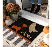 Felpudo de Halloween con diseño de perro y fantasma, tapete de bienvenida naranja para decoración de otoño al aire libre e interior, tapete de entrada de goma antideslizante e impermeable, fácil