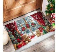 Felpudo de Interior 50x80cm, Diseño de Repisa De Ventana Oso Regalo, Lavable Antideslizante, Alfombrilla Navidad Fondo Plegable de Pelo Corto para Entrada, Alfombra Fácil de Limpiar, Rojo Verde