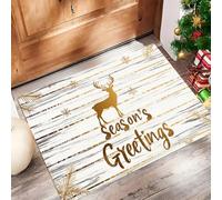 Felpudo De Navidad, Alfombra Reno Navideño Con Lámina Dorada Para Entrada Casa 40X60Cm, Alfombra De Puerta De Entrada, Felpudos Lavables Patrón De Veta Madera Sencilla Oro Blanco, Decorativo Casa
