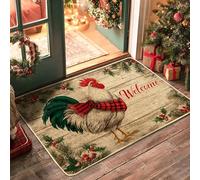 Felpudo de Navidad con diseño de gallo verde y rojo, para decoración de vacaciones en interiores y exteriores, de goma, antideslizante, absorbente, fácil de limpiar, 73 x 43 cm