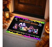 Felpudo de neón con texto en inglés "There Some Horrors in This House", antes de entrar en esta casa, comprueba tu energía, fantasma de neón, regalo único de inauguración de la casa, regalo de fiesta