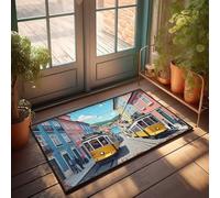 Felpudo de otoño colorido con tranvías vintage en Portugal, felpudo de invierno para puerta de invierno al aire libre y otoño, felpudo de bienvenida para Frontera (65 x 90 cm)