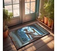 Felpudo de otoño de pelo plateado con guerrero en gruta sosteniendo espada, felpudo de invierno para puerta de invierno al aire libre, tapete de bienvenida para frente, 65 x 90 cm