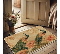 Felpudo de primavera con diseño de pavos reales, color verde floral, para entrada al aire libre e interior, decoración vintage, goma impermeable, antideslizante, absorbe el polvo, fácil de limpiar, 73