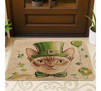 Felpudo de puerta de San Patricio Devon Rex Cat negro para entrada interior, 29 x 17 pulgadas, divertido y lindo gatito al aire libre, tapete antideslizante con estampado de trébol pequeño para patio