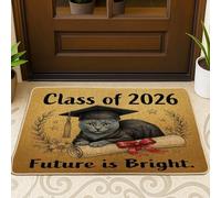 Felpudo de puerta delantera negra con diseño de gato azul ruso, 29 x 17 pulgadas, para diploma de graduación, para exteriores, antideslizante, clase pequeña de 2026, para patio, garaje, zapatos fuera
